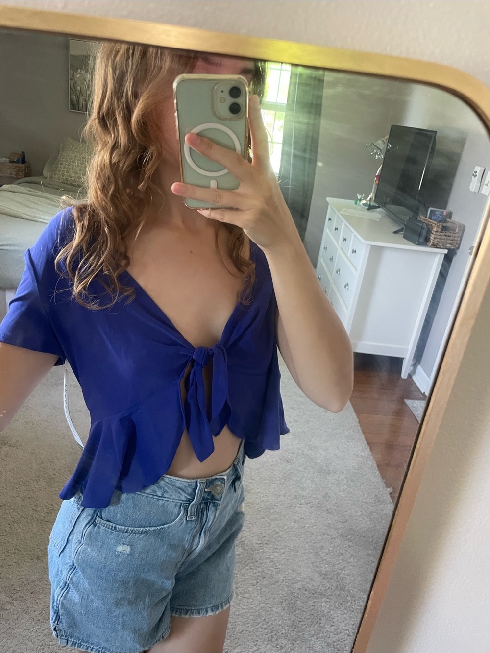Perceptions Purple Tie-Front Ruffle Short Sleeve Blouse